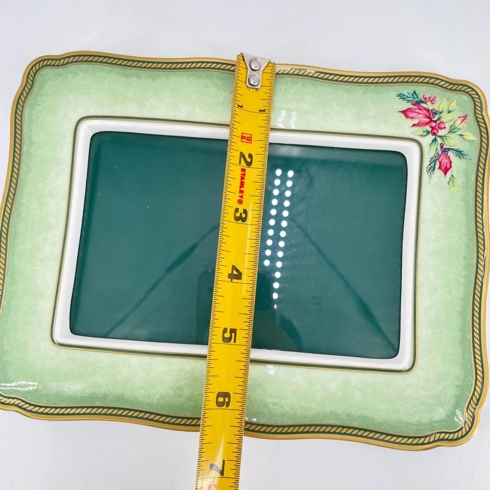Fitz and Floyd Winter Holiday Ceramic Picture Frame Green Holly Gold Trim 4x6